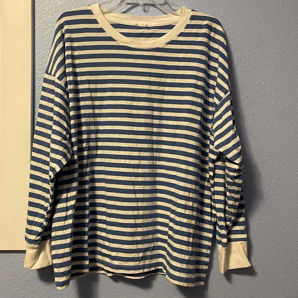 Oversized Navy and Beige Striped Long Sleeve Crewneck Tee